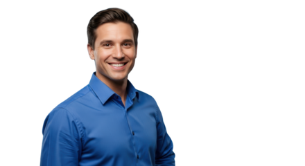 Confident Young Man Smiling in Blue Shirt creative illustration featuring friendly, advertising, joyful, lifestyle, work, career modern