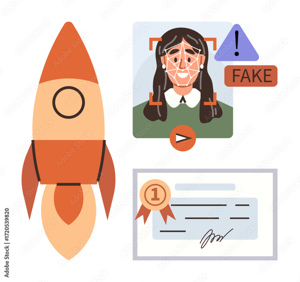 Aufkleber rocket symbolizing innovation, facial recognition used for detecting fake identities, and an awarded
