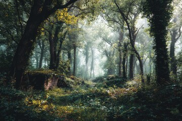 Fototapeta premium Misty forest path. Lush foliage, dappled light filters through trees