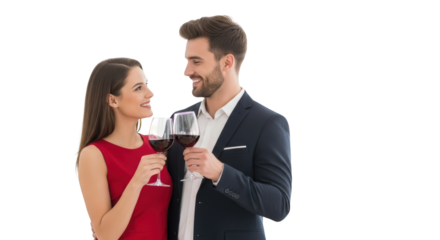 Couple Enjoying Red Wine Toast Celebration creative illustration featuring wedding, studio, red dress, lifestyle,