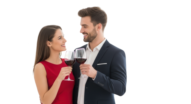 Couple Enjoying Red Wine Toast Celebration creative illustration featuring wedding, studio, red dress, lifestyle,