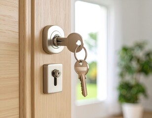 una llave en la cerradura de una hermosa puerta de madera clara a medio abrir, el sue&ntilde;o de la casa propia