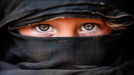 Naklejka premium Child's eyes behind veil middle east portrait intimate close-up cultural identity