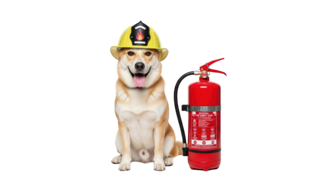 Cute Shiba Inu Dog Dressed as a Firefighter with Safety Equipment creative illustration featuring pet, safety, funny,
