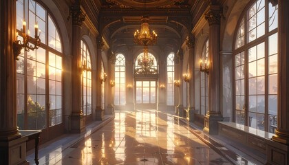 Golden Hour Grandeur in an Elegant Palace Hallway