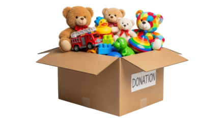 Donation Box Filled with Childrens Toys creative illustration featuring donation box, reuse, education, toys, help,
