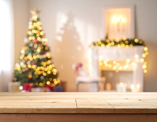 Blurred Christmas interior scene on a light wooden table