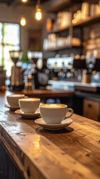 Two cups of latte art in black cups sit on wooden counter inside coffee shop atmosphere