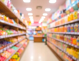 Blurred view of a brightly lit candy store