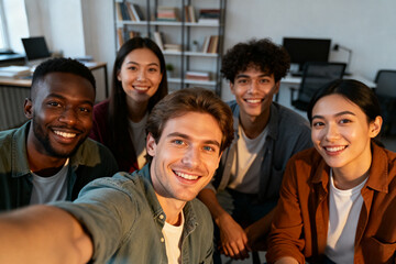 Fototapeta premium colleagues of diverse genders and ethnicities taking a selfie in the studio,friendship and inclusivity, teamwork, harmony, diversity, unity, and positive workplace culture.Generated by AI