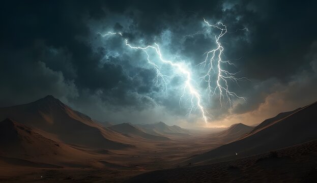 Savage Lightning Across Desert Dunes: Intense lightning bolts tearing through a violent desert storm, illuminating endless dunes under a turbulent, thunderous night sky. - Powered by Adobe
