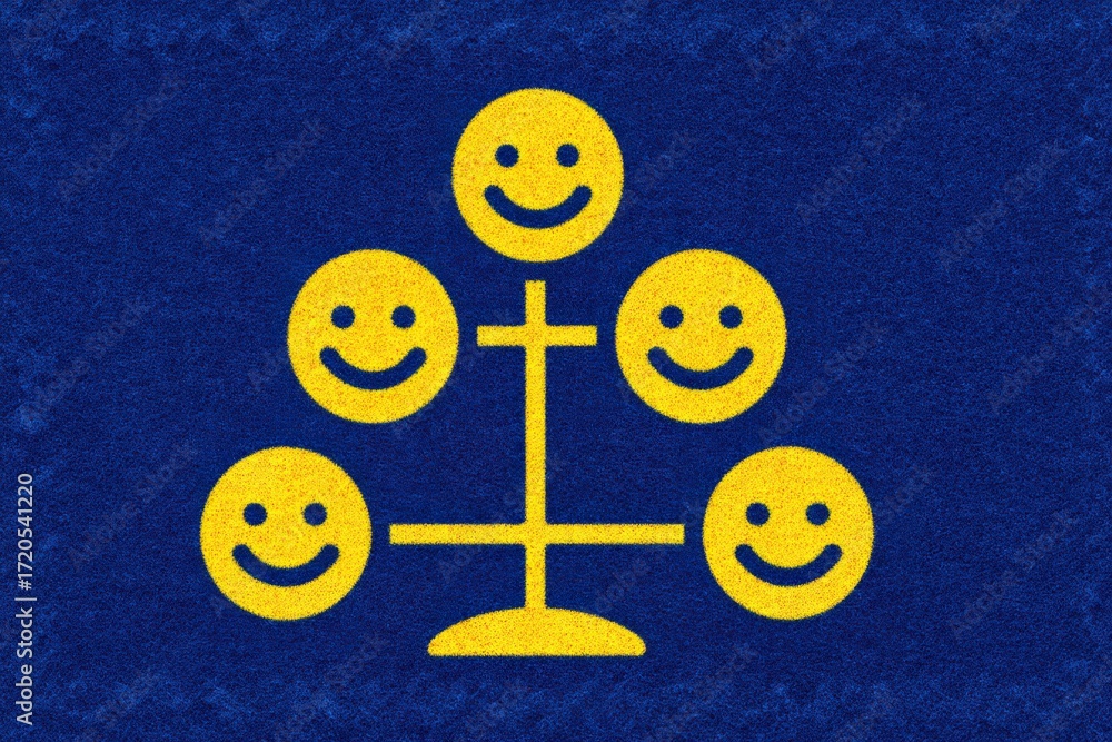 Poster optimistic symbols showcasing interconnected happiness represented by cheerful smiley faces arranged