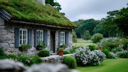 Charming Stone Cottage with Green Grass Roof and Blue Shutters in Countryside