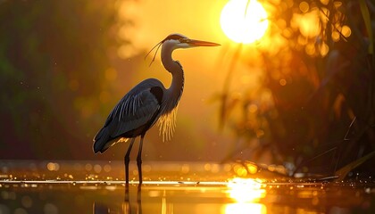 Golden Hour Heron Majestically Stands at Dawn's Embrace