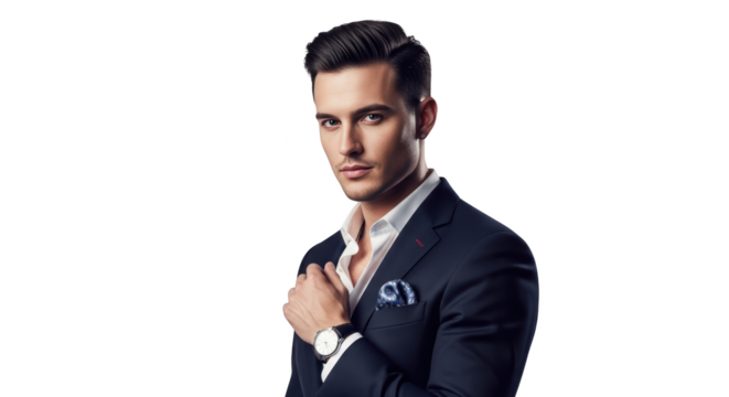 Handsome Young Man in Stylish Dark Suit Posing Confidently creative illustration featuring model, human, style,