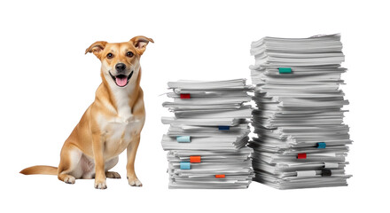 Happy Dog and Large Stacks of Paper Documents creative illustration featuring photo, canine, puppy, digital, content,