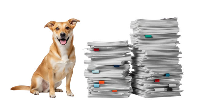 Happy Dog and Large Stacks of Paper Documents creative illustration featuring photo, canine, puppy, digital, content,