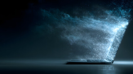 Seamless High-Tech Laptop Dissolving into Glowing Particles Symbolizing the Fusion of Physical and Digital Worlds