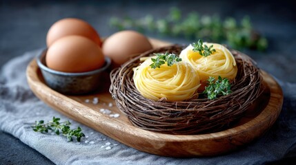 Two Yellow Spaghetti Nests Garnished with Parsley on Wicker Nest with Eggs and Wooden Plate Against Dark Background Studio Shot
