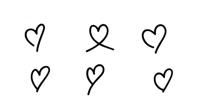 Set of doodle heart black color on transparent background. 4k Video