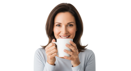 Happy Woman Enjoying a Cup of Coffee creative illustration featuring white, beautiful, pause, drink, people,