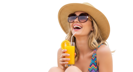 Happy Woman Enjoying Refreshing Orange Juice in Summer creative illustration featuring joyful, fashion, happy, glass,