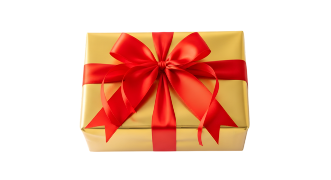 A single golden gift box with a large red ribbon bow, isolated on transparent background