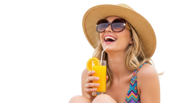 Happy Woman Enjoying Refreshing Orange Juice in Summer creative illustration featuring joyful, fashion, happy, glass,