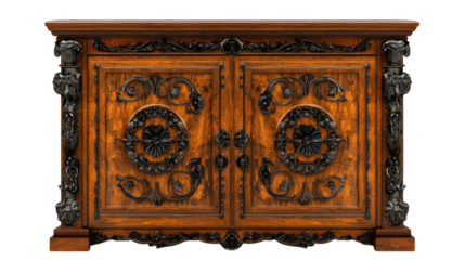 Luxurious Antique Ornate Wooden Cabinet with Intricate Dark Carvings, Detailed Floral and Figural Motifs, and Polished Wood Finish, Isolated. PNG Without Background