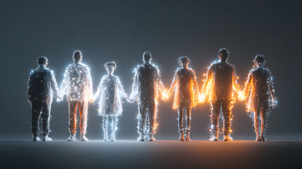 Seamless team of diverse people connected by glowing threads of light symbolizing effortless cooperation teamwork and mutual support