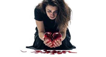 Heartbroken woman crying while holding a shattered red heart creative illustration featuring white, problem, failure, agony, divorce, symbol