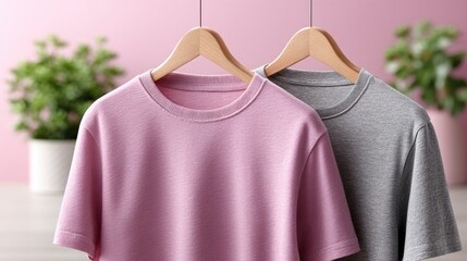 Two Textured T Shirts on Wooden Hangers Against Pink Wall with Green Potted Plants