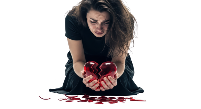 Heartbroken woman crying while holding a shattered red heart creative illustration featuring white, problem, failure, agony, divorce, symbol
