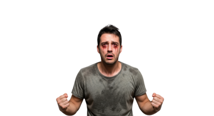 Horrified Man with Blood Tears and Dirty Shirt creative illustration featuring horror, fear, adult, white, bloody, exhausted