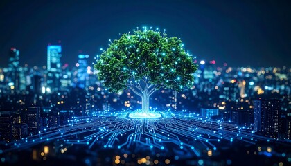 Fototapeta premium Digital Tree of Life Futuristic Tech Concept of Sustainable City Growth.