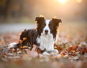 Border collie in autumn leaves at sunset