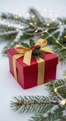 Festive red present with a golden bow on snowy fir branches.