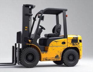 A yellow forklift truck stands isolated against a neutral gray background, showing wear.