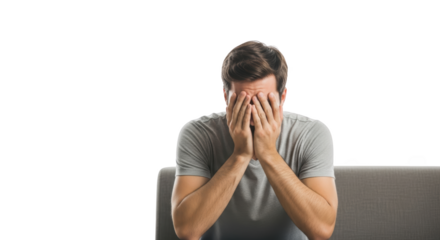 Man Sitting on Sofa Hiding Face in Despair creative illustration featuring shame, stress, communication, expression, lonely, hurt