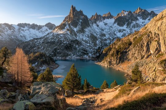 Alpine lake nestled at the foot of snow-capped peaks - Powered by Adobe