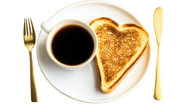 Overhead view of a heartwarming breakfast plate featuring a cup of black coffee, heart-shaped golden toast, and elegant gold cutlery, perfect for a cozy morning meal.. No Background PNG - Powered by Adobe