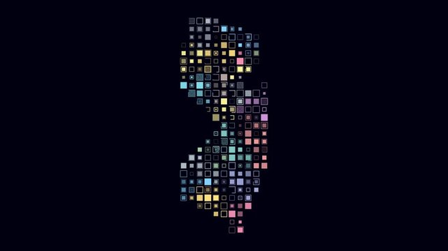 New Jersey animated shape. Pulsating colored dots on the map of the state. Large size square blocks. Digital style New Jersey map on dark background. Simple animation video.