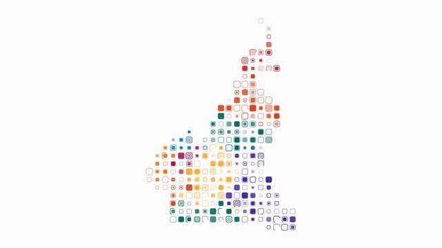 Cameroon map animation. Shape of the country with pulsating colored dots. Large size rounded square blocks. Digital style Cameroon map on white background. Beautiful video.