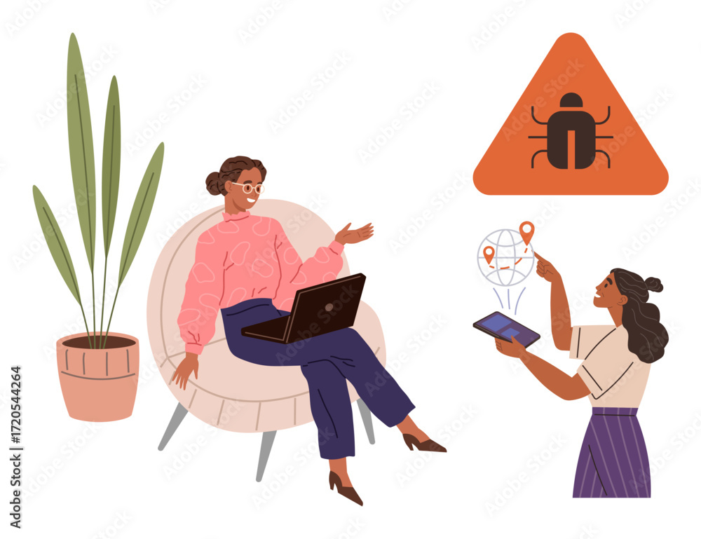 Poster two women engaging in problem-solving one with laptop, other with tablet analyzing map and bug alert
