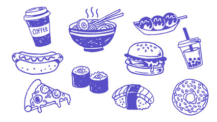 A collection of blue, hand-drawn doodle illustrations featuring various popular foods and drinks like ramen, pizza, sushi, and coffee.