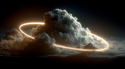 abstract cloud illuminated with neon light ring on dark night sky.