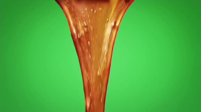 A mesmerizing close-up of a viscous golden liquid, like honey or syrup, pouring in a thick stream against a green screen for chroma key compositing