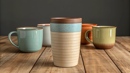 Collection of ceramic mugs and tumbler on wooden table