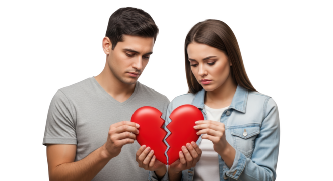 Sad Couple Holding Broken Heart Relationship Problems creative illustration featuring emotional, red, romance, relationship, crisis, despair