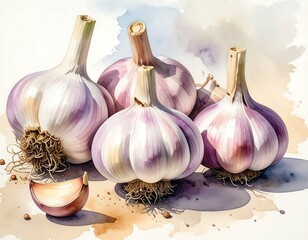 Watercolor still life of garlic bulbs with sunlit details